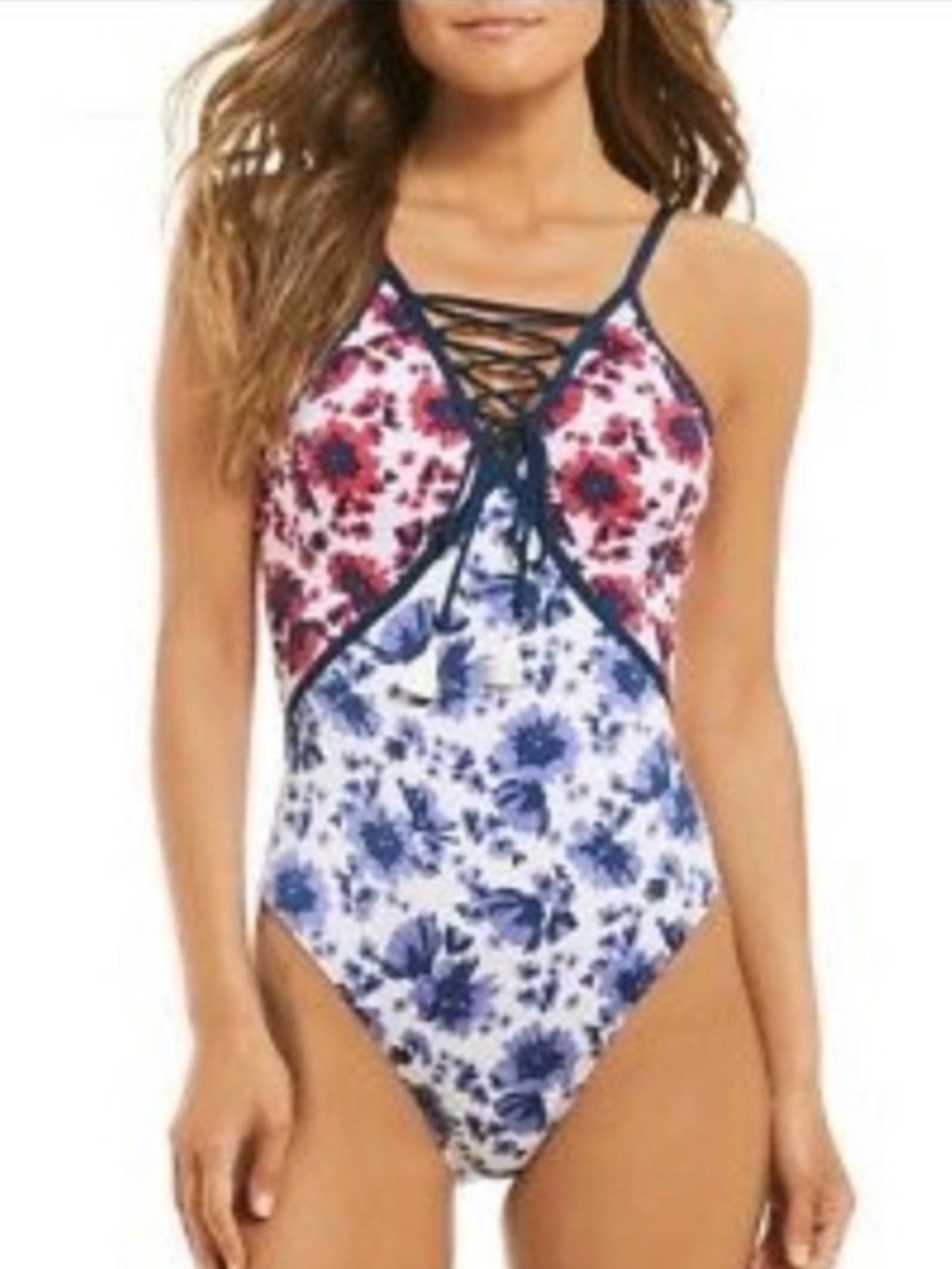 Floral Lace-Up One-Piece Swimsuit in Red & Blue